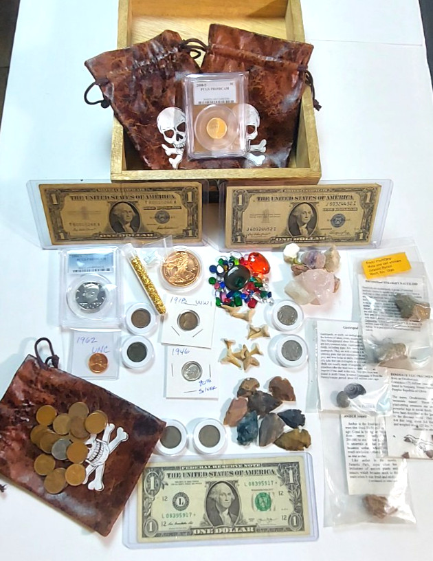 Ultimate Treasure Chest Lot: Silver Certificates, Graded Coins, Gold Flakes, Gem