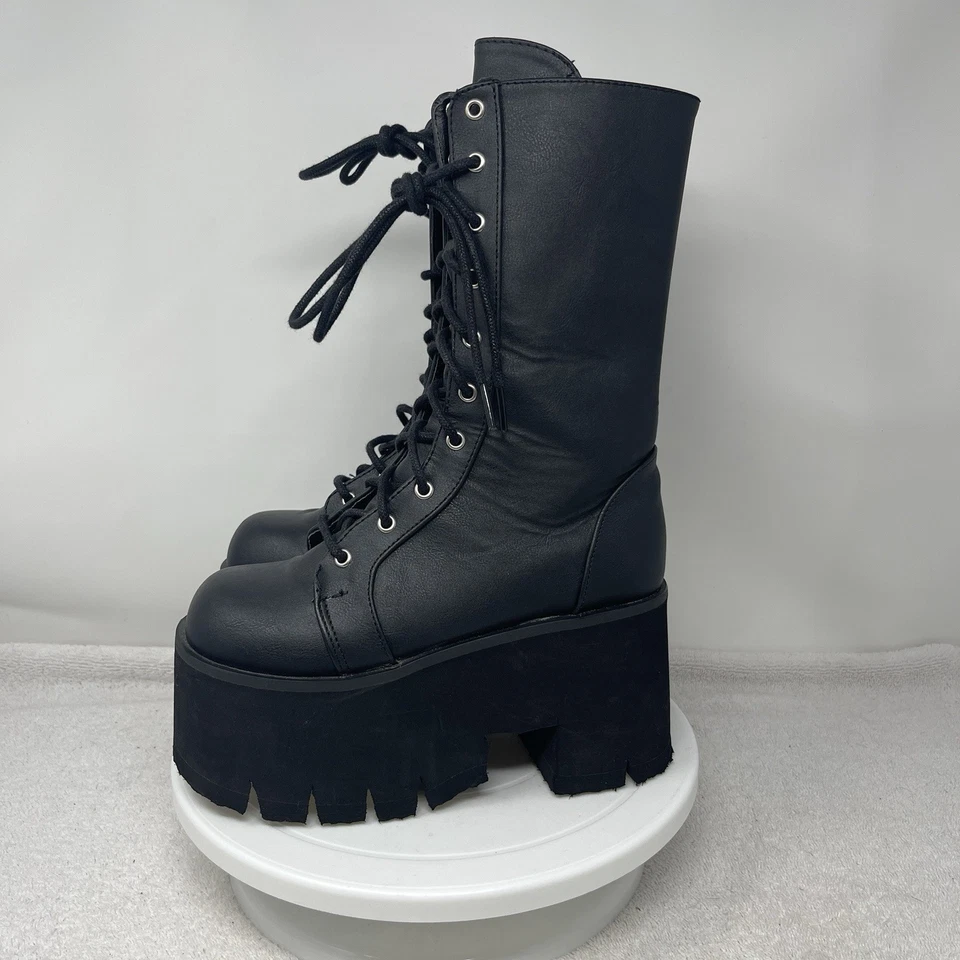 Demonia ASHES-105 Women's 6 Chunky Heel Platform Black Lace-Up Mid Calf Boots - Image 3 of 4