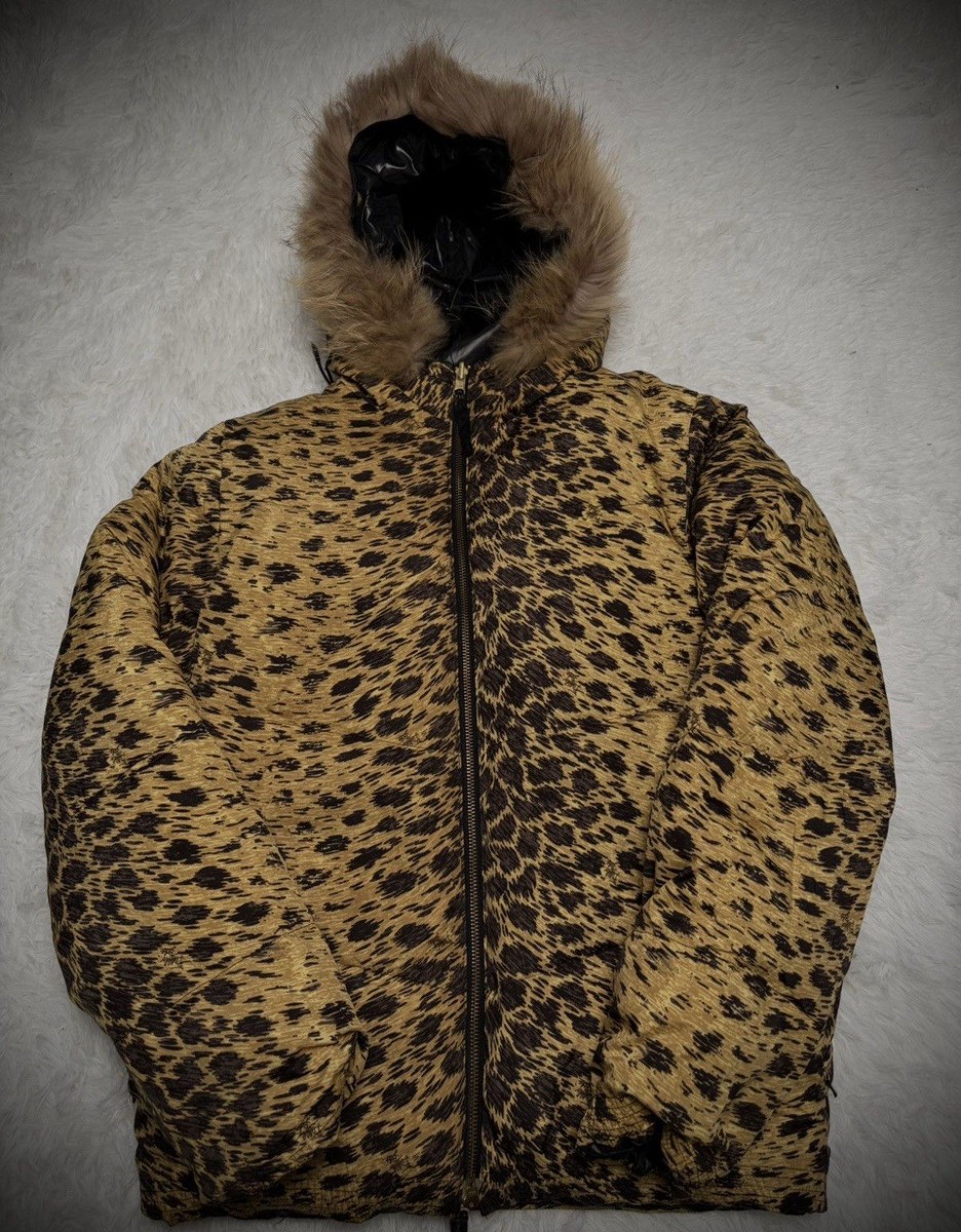 BUFFALO BOBS Reversible Hooded Puffer Jacket Fur Trim Animal Print