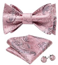 Bow Ties for Men Paisley Self Tie Bowtie Pocket Square Cufflinks Set Pink Grey