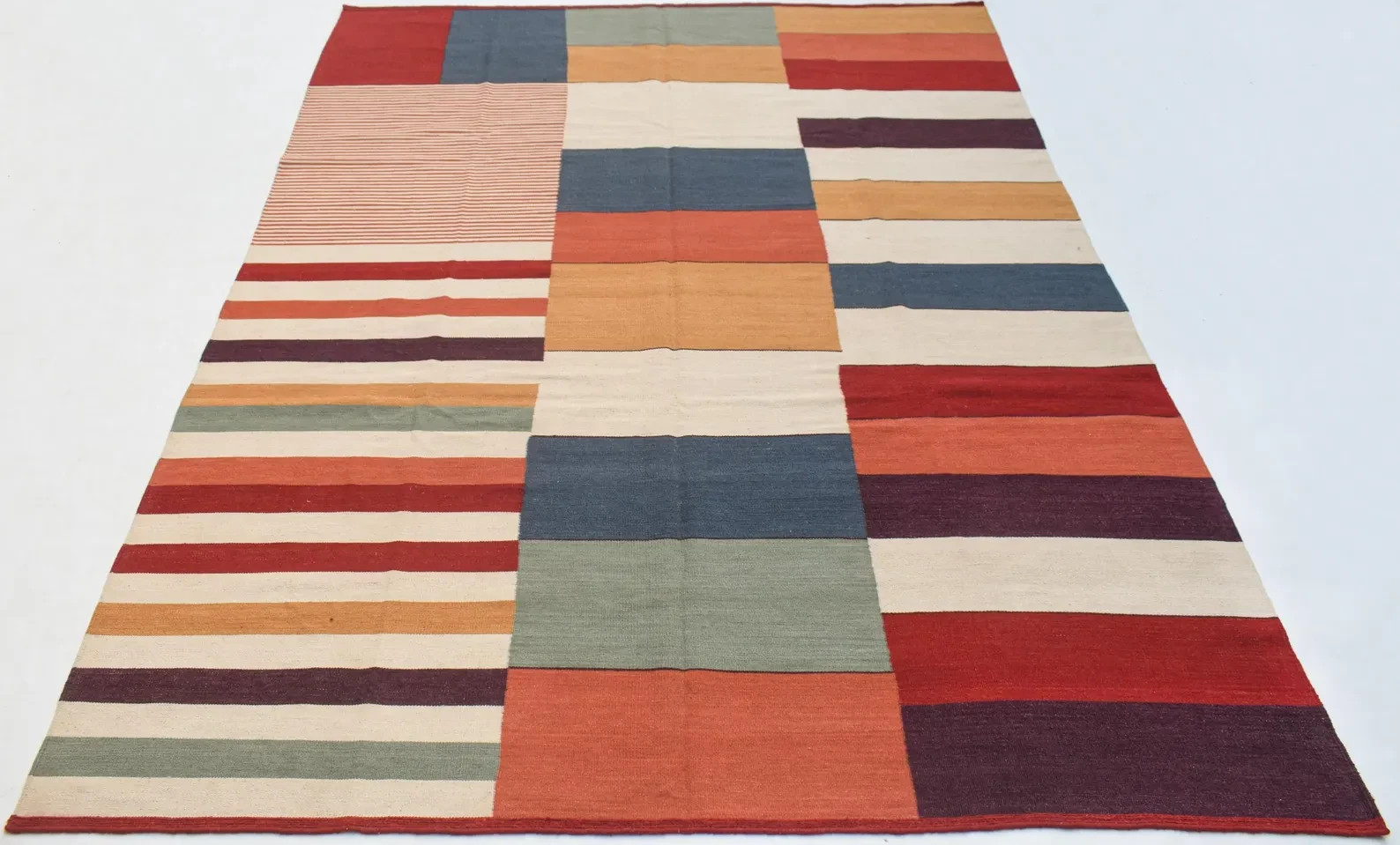Striped Hand Knotted Wool Kilim Rug Color Multicolor Design Handmade Carpet Rug
