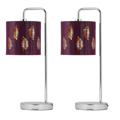 Set of Arch Chrome 46cm Table Lamp Bedside Lights Burgundy Leaf