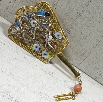 Sterling Silver Vermeil Enamel Brooch Vintage Chinese Export Fan Coral Beads