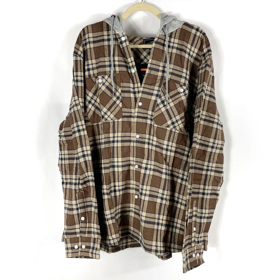 TacVasen Flannel Plaid Shirt Jacket Brown Hooded Shacket Layered Sz 2XL Men's - Image 3 of 4