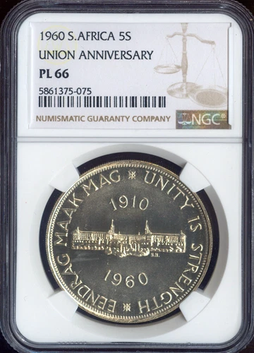 1960 South Africa Silver 5 Shillings NGC PL66 Quality