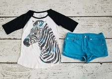 JUSTICE 8 10 Black White Zebra Sequin Baseball Tee and Blue Denim Shorts DC-TT20