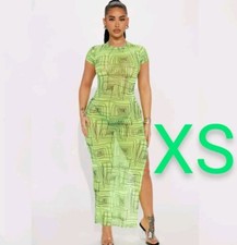 🆕Fashion Nova Lime Mesh Design Print Maxi Dress~Size XS