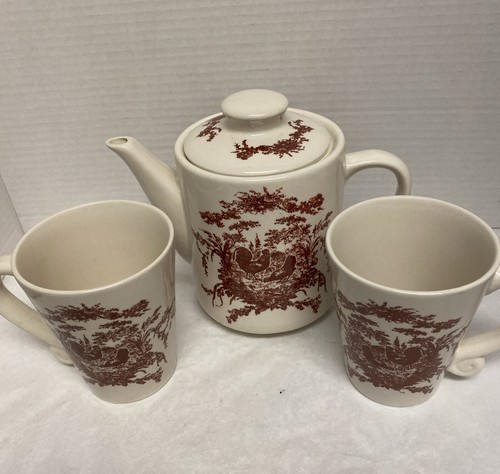 California Pantry Ceramic Tea Pot & Two Mugs Red Rooster Toile Pattern2002 - Picture 3 of 7