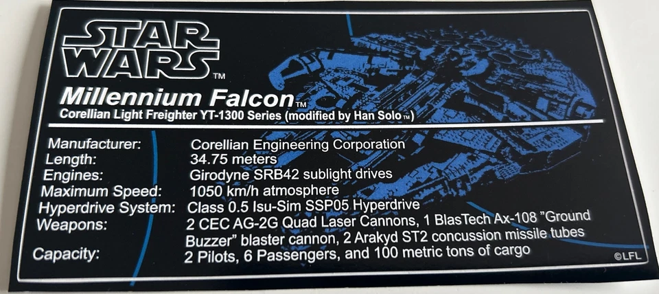 MARKENLOS Lego Star Wars UCS Sticker for 75192 Millennium Falcon Han Solo