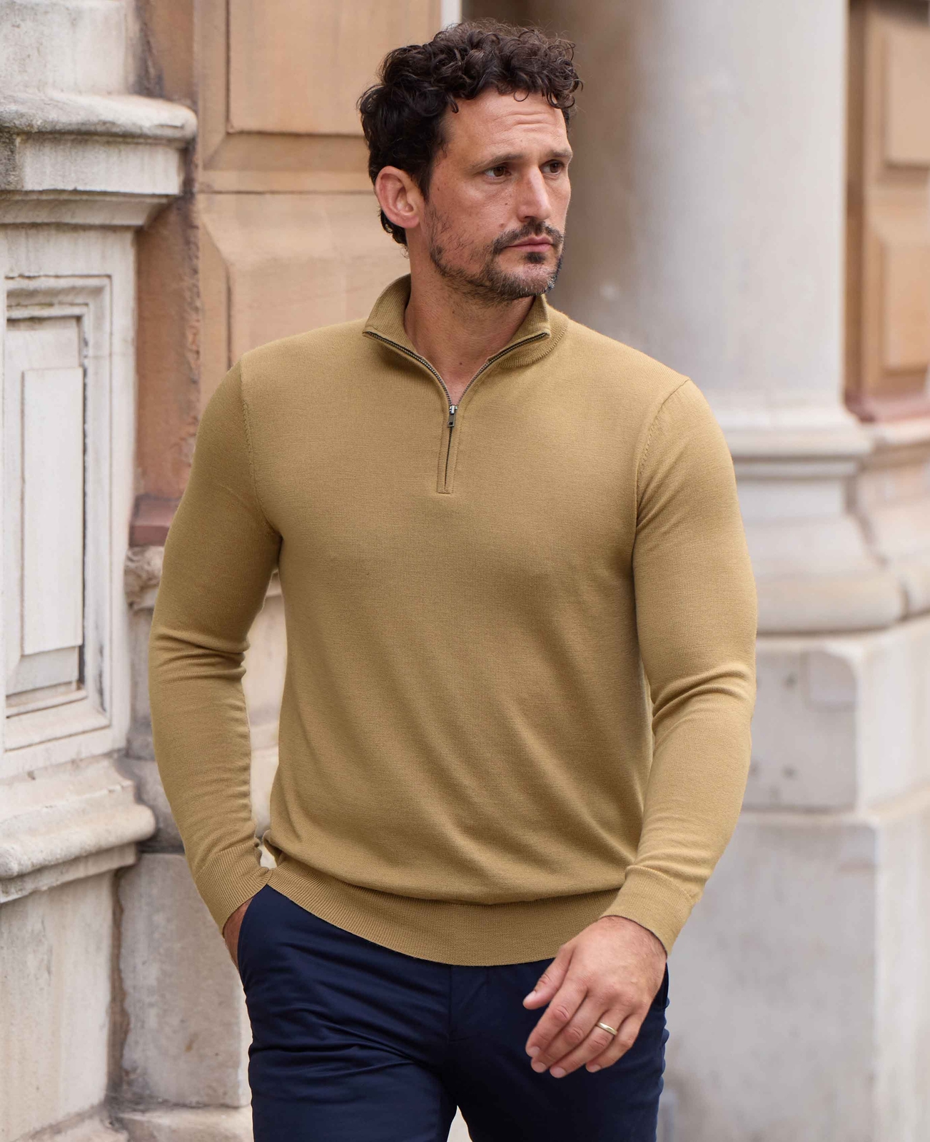Savile Row Company Men's Tan Merino Wool Zip Neck Jumper