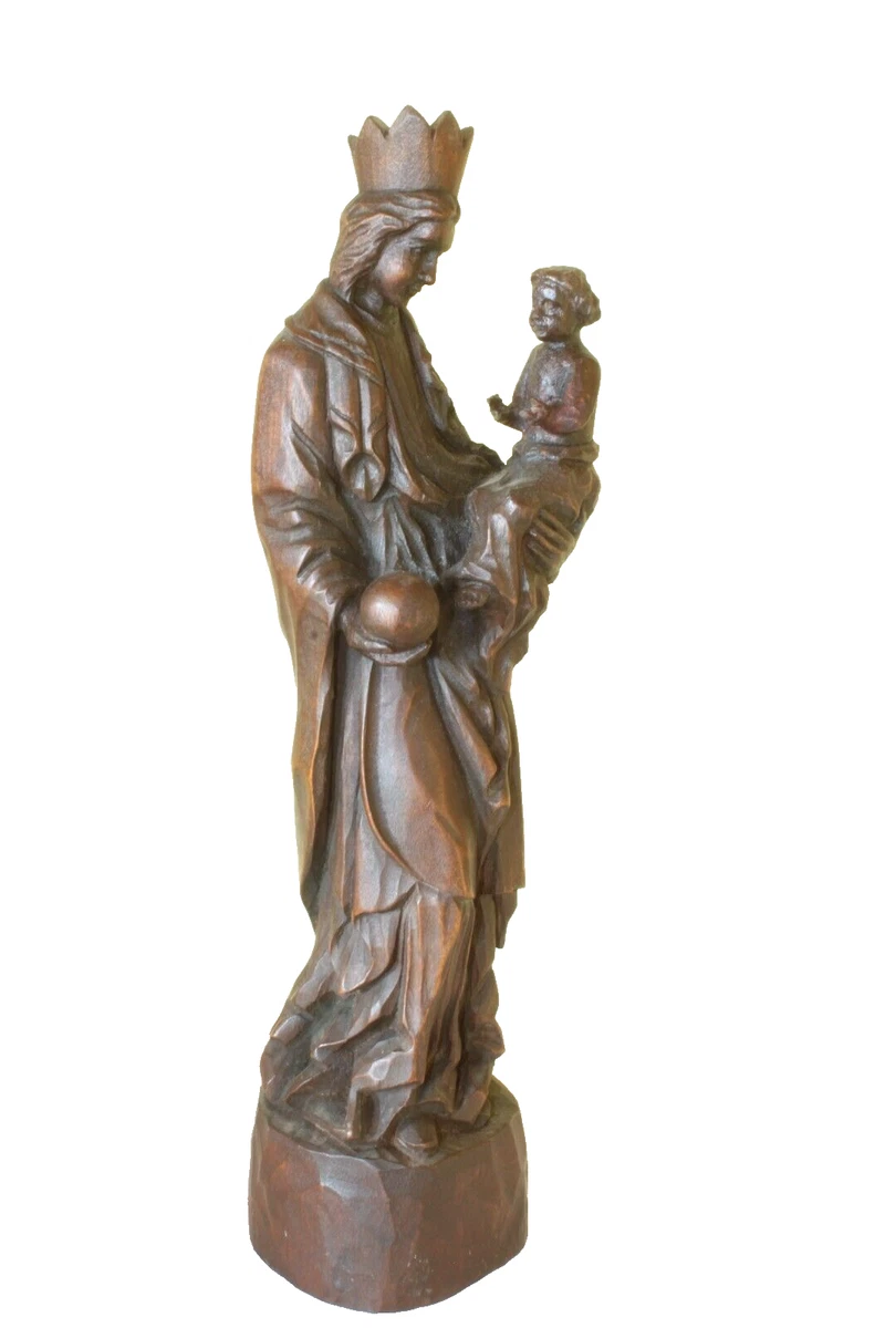 Antik Vintage Gotisch Madonna Jesuskind Weltkugel Skulptur Holz geschnitzt