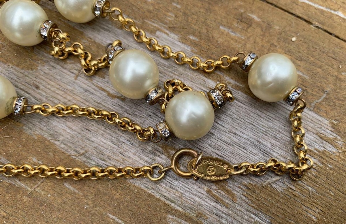 VINTAGE CHANEL STRASS CRYSTAL GRIPOIX PEARL NECKLACE 35