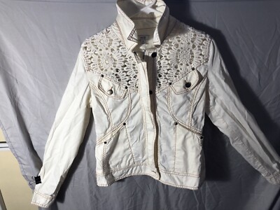 Cache Womens Semi-Sheer Crochet Full Zip Full Button Jacket Size 8 Off White