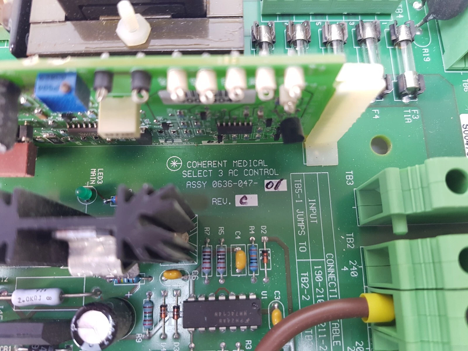 Silkscreen COHERENT MEDICAL SELECT 3 AC CONTROL ASSY 0636-047-01 REV C and input jumper table