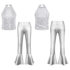 Kids Girls Crop Top With Pants Competition Tracksuit Rumba Vest And Trousers