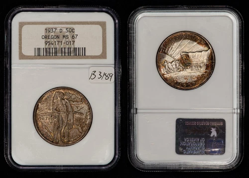 1937-D 50c Oregon Half Dollar - PQ Rainbow Tab Toning VIDEO - NGC MS 67 - B3189