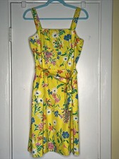 Vintage USA Sea Waves Women's 8 Yellow Floral Pleated Belted mini Flare Dress M