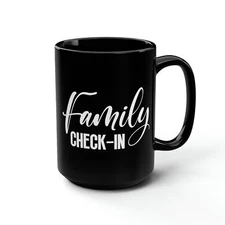 Black Ceramic Mug - 15oz - Family Check-in Illustration