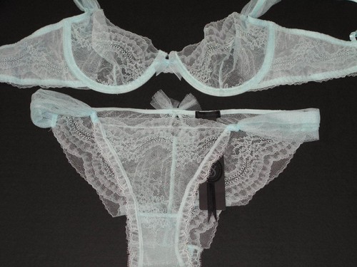 VICTORIA'S SECRET DESIGNER Embellished Lace Light Blue or Mint Unlined Bra Set - Picture 2 of 7