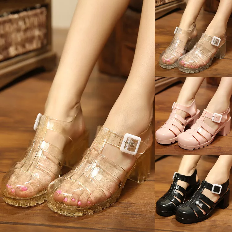 Women s Slingback Jelly Sandals Block Mid Heels Summer Round Toe