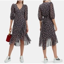 Ganni Tilden Mesh Total Eclipse Floral Wrap Dress Grey Pink Ruffle Midi 36 Small