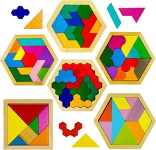 6 Piece Wooden Tangram Puzzle Set Multi Color Small Hexagon Geometric Brain