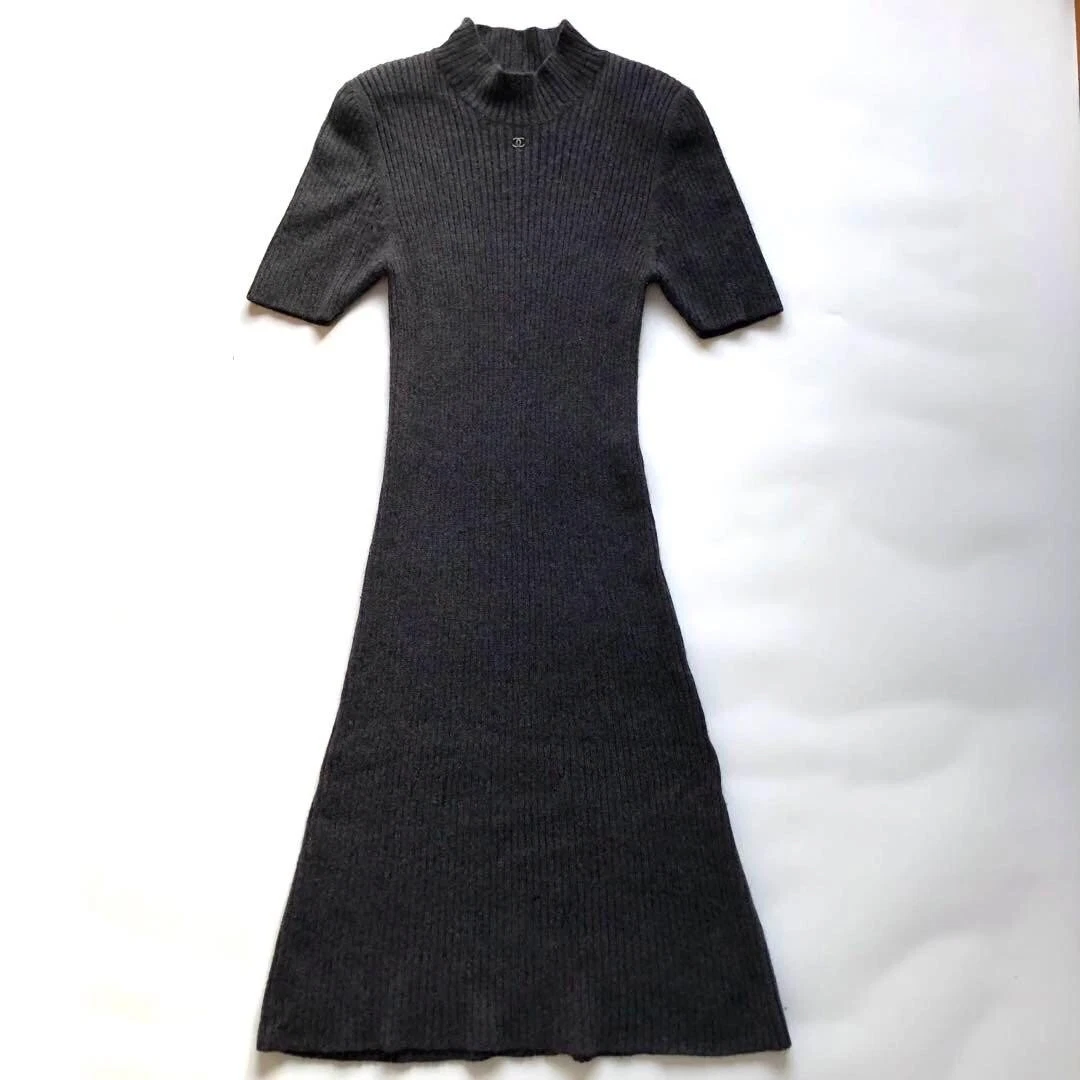 Chanel — CHANEL Cashmere High Neck Knit Dress Gray Flare Long Dress Logo SR2081