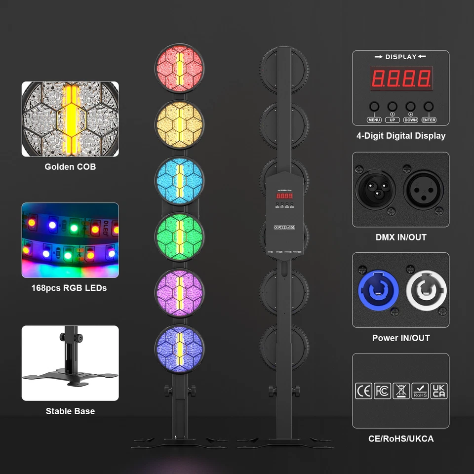 Vintage Stage Light 6x50W Gold COB 168 RGB LEDs DMX512 Point Control Retro Beam - Image 3 of 4