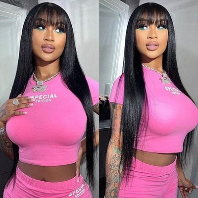 Straight Wig With Bangs No Lace Front Wig Brazilian Virgin Long Human Hair Wigs