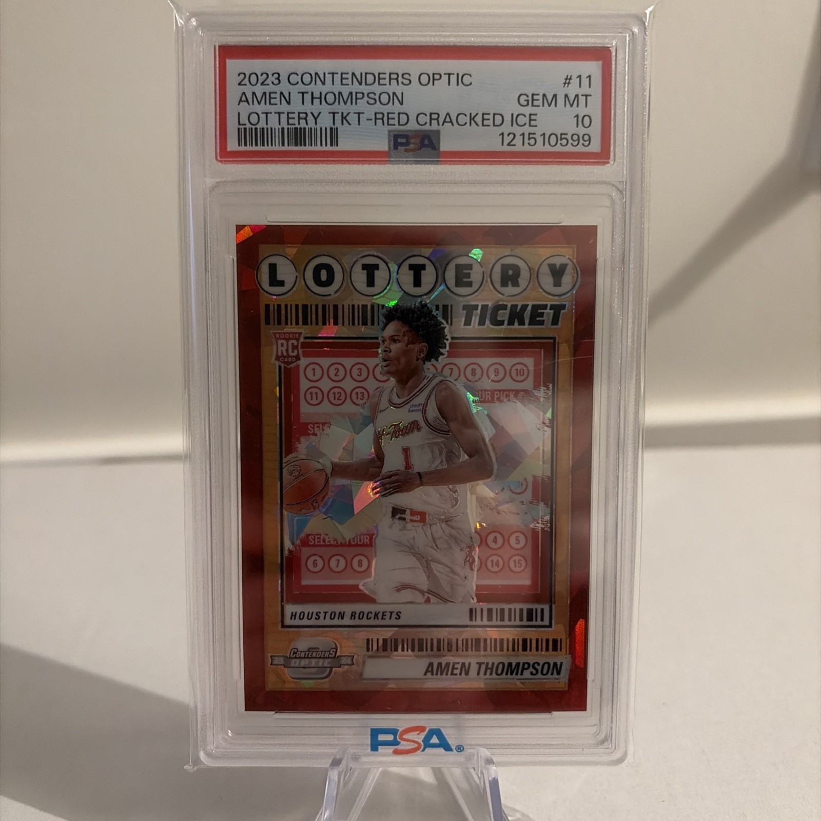 2023 Contenders Optic Amen Thompson Lottery Ticket Red Cracked Ice /175 PSA 10