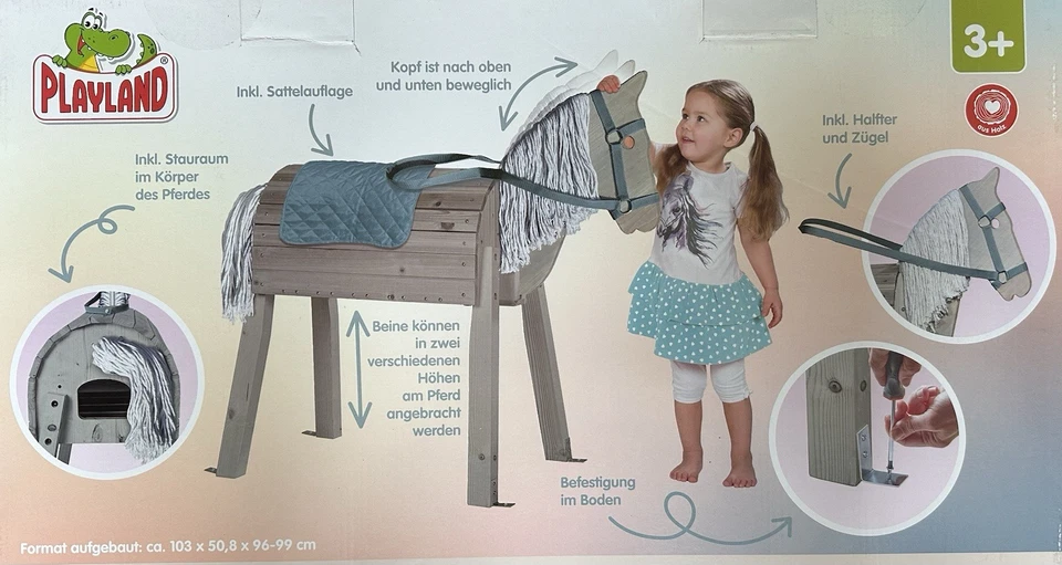 PLAYLAND Holz Pferd Spielzeugpferd inkl. Halfter Zügel Holzpferd 103x50,8x99cm - Bild 3 von 3