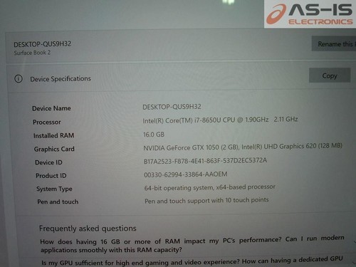 *AS-IS* Microsoft Surface Book 2 1793 Core i7-8650U 1.90GHz 16GB 512GB SSD W10 - Picture 2 of 8
