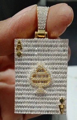 3Ct Baguette Cut Real Moissanite Poker Card Mens Pendant 14K Yellow Gold Plated