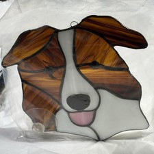 Handcrafted Stained Glass Brown White Dog Suncatcher Border Collie New Hanger 6"