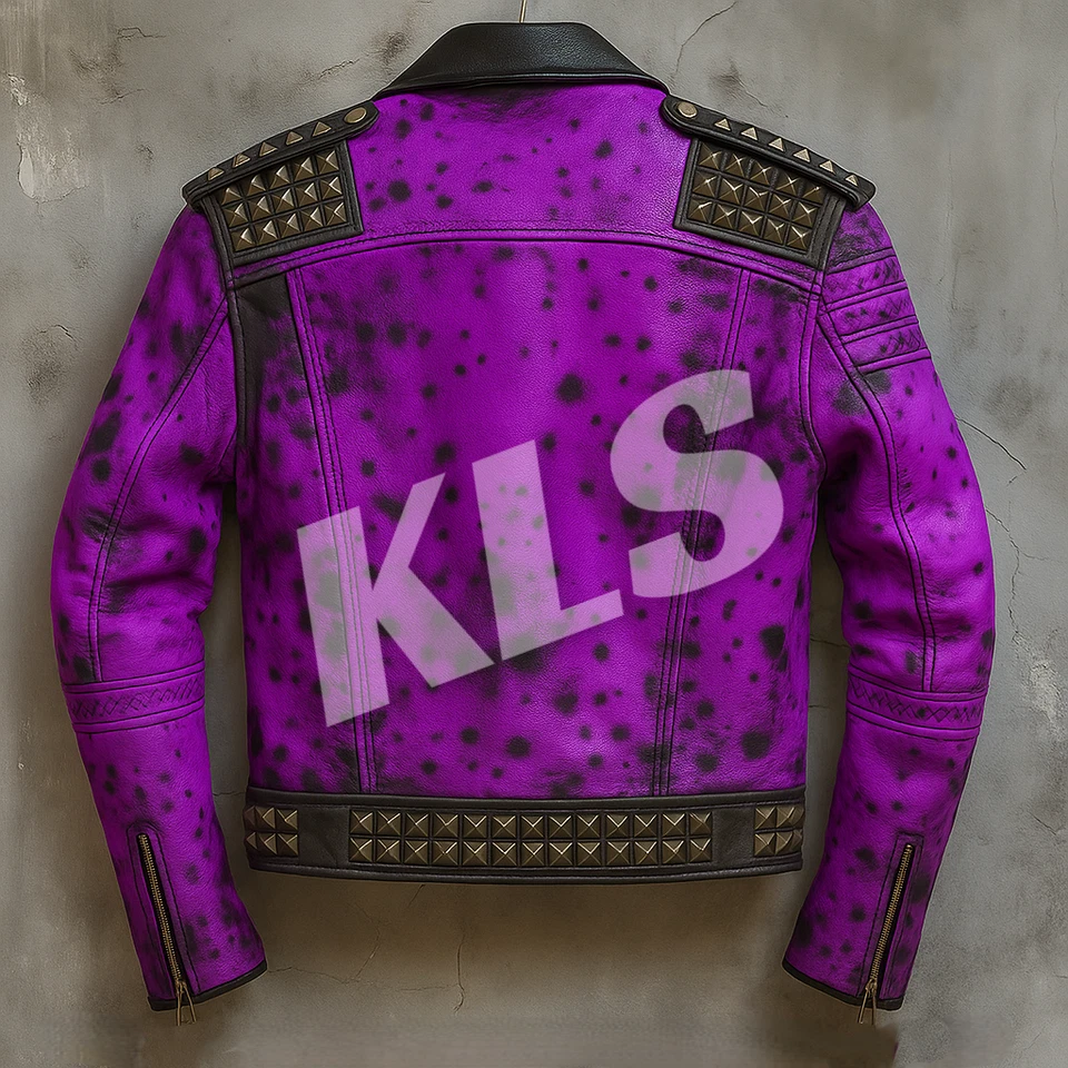 Jaqueta de couro roxa cravejada punk masculina - Casaco de motociclista gótico com espiga - Imagem 2 de 4