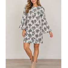 Womens Metallic Bell Sleeve Mini Knit Sweater Dress Black White Damask Small