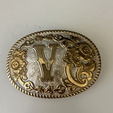BRONZE Letter V Initial CRUMRINE Heavy Silver Plate USA Made Belt Buckle