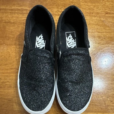 VANS Women s Slip-On Low Top Sneakers Black/White Glitter Logo Rubber Sole