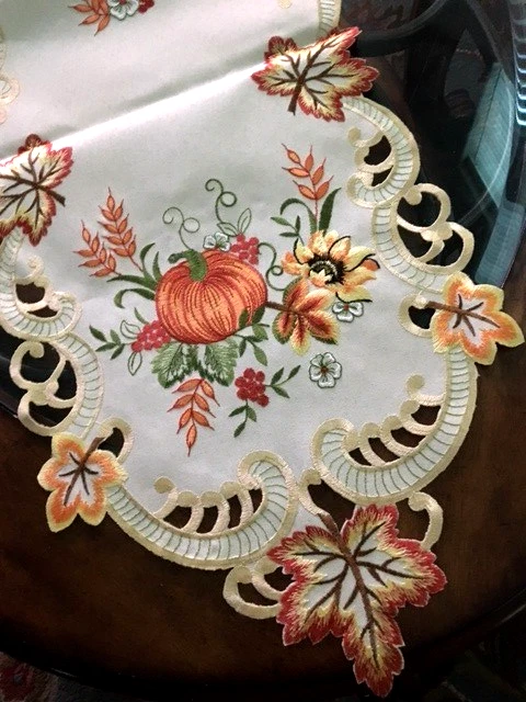 Fall Table Runner Embroider Pumpkins Sunflowers Leaves Thanksgiving Autumn Decor - Image 3 of 4