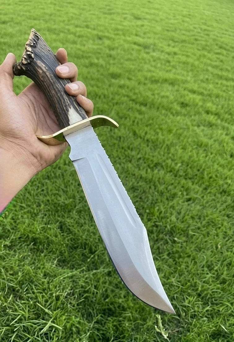 Custom Handmade Carbon Steel Blade Crown Stag Antler Hunting Bowie Knife Camping