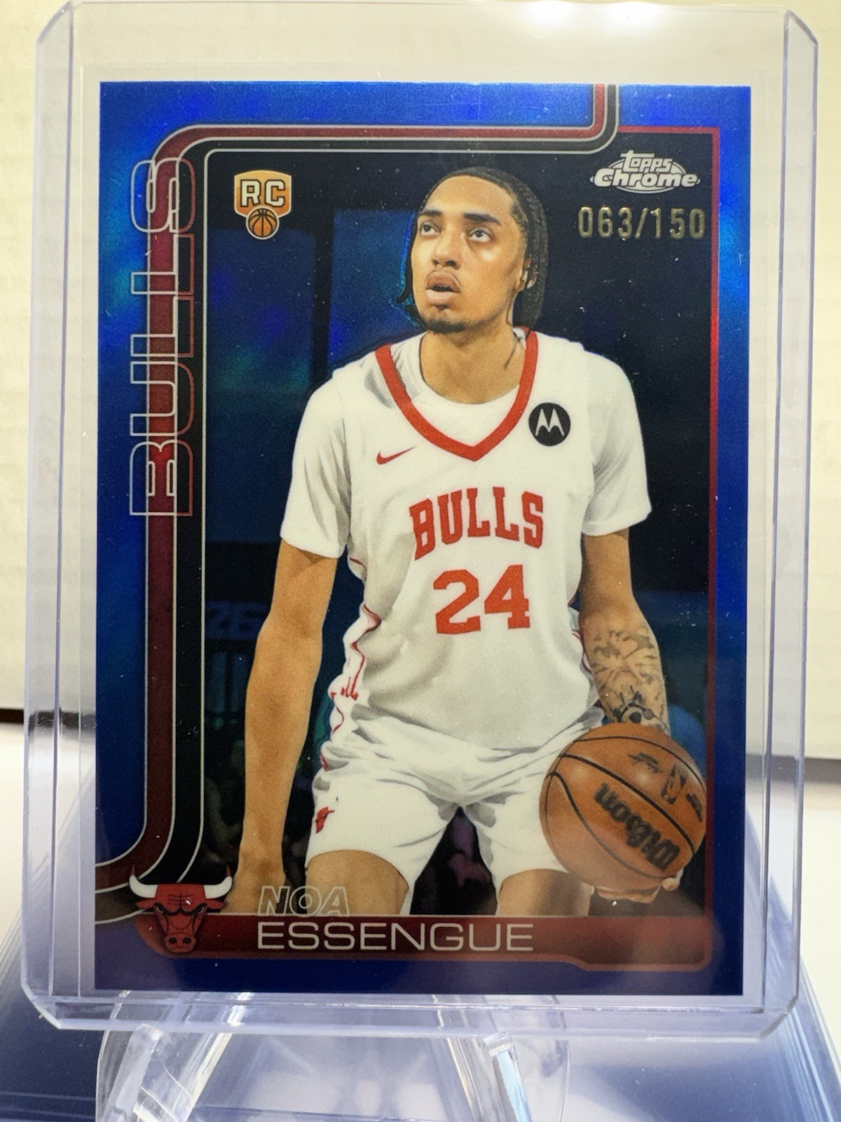 Noa Essengue 2025-26 Topps Chrome Blue Refractor 63/150 #262 Chicago Bulls Rc