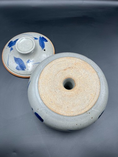 Vtg Ceramic Vegetable Steamer/Bundt Pot w/ Lid Blue/Gray/Speckles Primitive - Picture 11 of 14