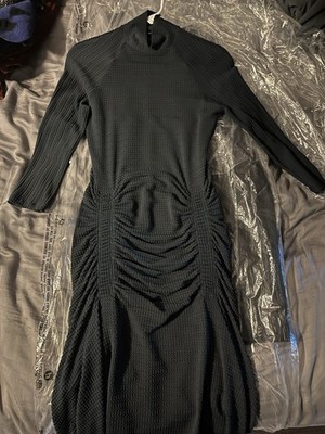 Atlein Paris Ruched Smocked Waffle Knit Dress Long Sleeve Mock Neck Green Sz S