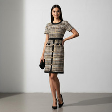 Shelby Palmer Tweed Dress Size 6 Yellow Black Plaid Gold Button Chanel Mod Style
