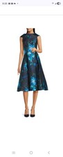 Adrianna Papell Womens Blue Floral Jacquard Midi Sleeveless Dress Size 14