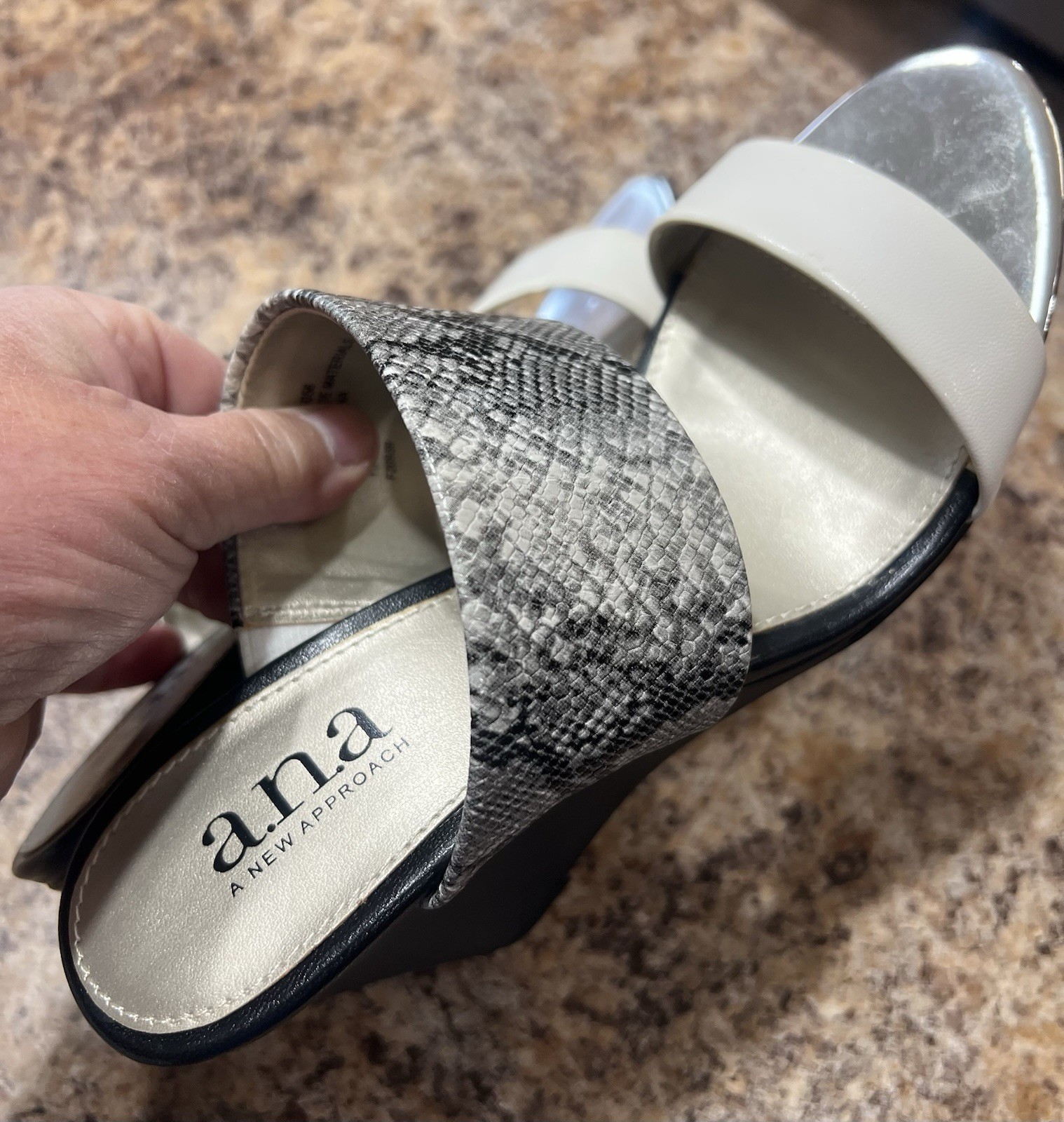 Women’s ANA Wedge Sandals Featuring A Faux Snakeskin Strap and A Solid White Str