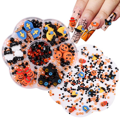 Halloween Nail Charms Set mit Skelett Kürbis Spinnennetz Strass Perlen für Nagel