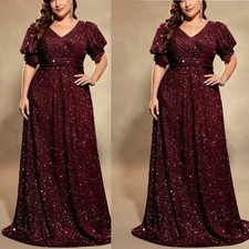 Plus Size Burgundy Sequin Mother of The Bride Dress V Neck Wedding Evening Gown