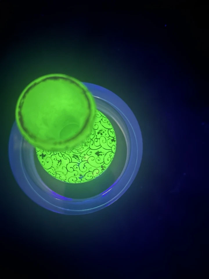 Antique Hand Blown Semi-Opaque Pale Grn Art Glass Strong Uranium Glow SS Overlay - Image 4 of 4