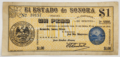 1913 Hermosillo, Sonora, Mexico 1 Peso Banknote - M#3815c; SI-SON-17.4; P#S1066b
